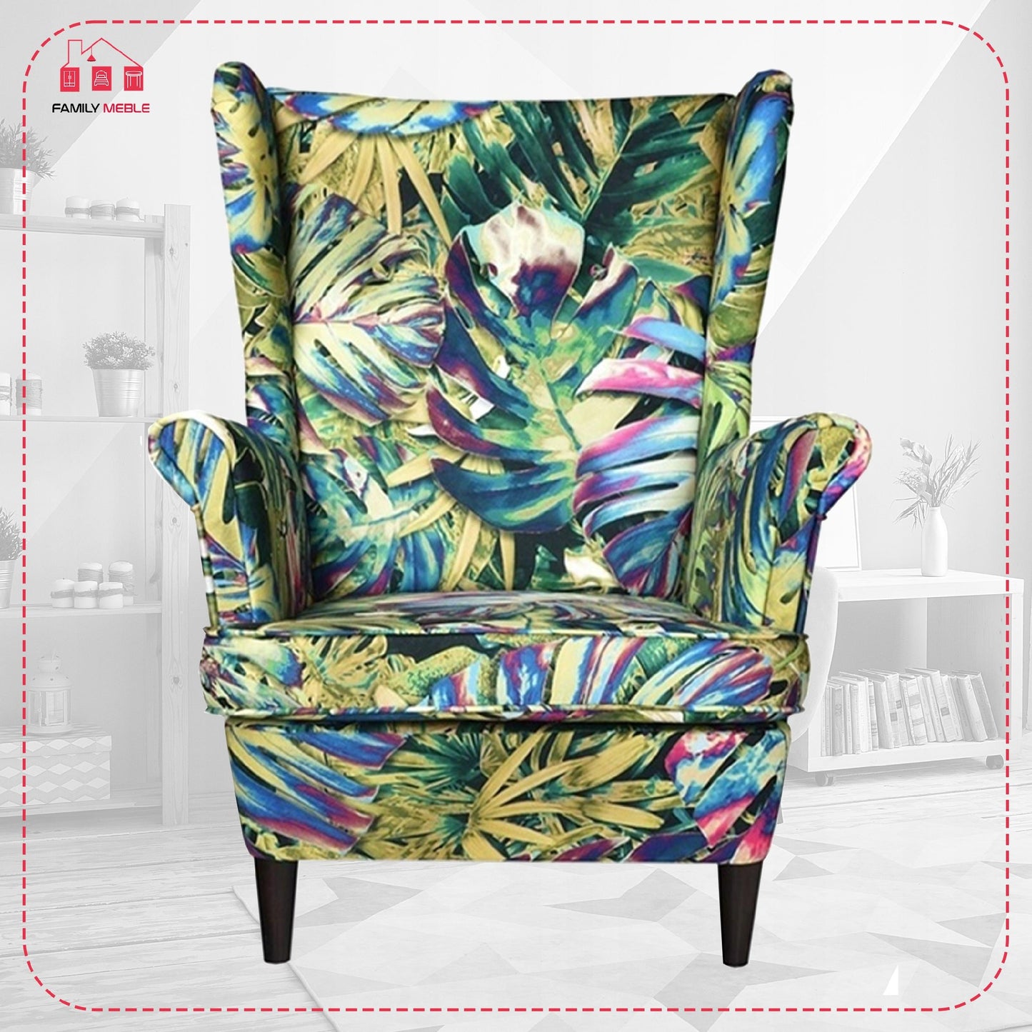 Fotel uszak ARI PRINT skandynawski Family Meble Monstera zielona liści