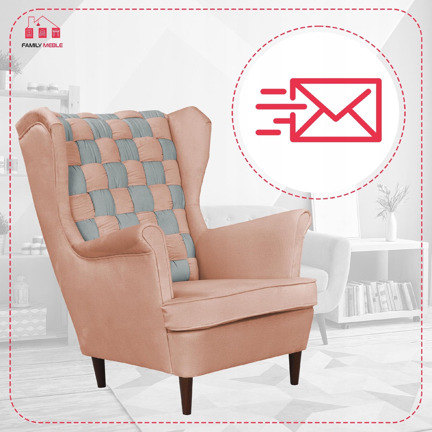 Fotel uszak Carol Duo skandynawski Family Meble łososiowo szary, róż