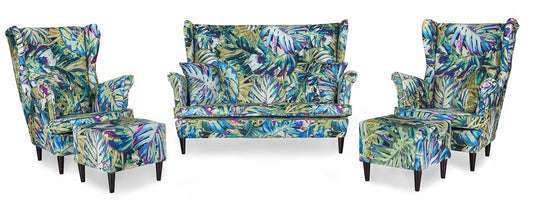 Zestaw wypoczynkowy mebli uszak Ari Print sofa fotele pufy Family Meble komplet