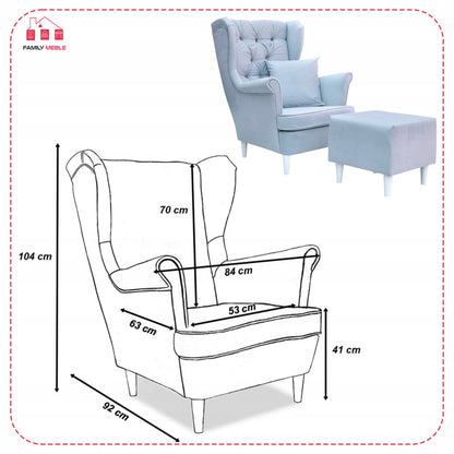 Fotel uszak Gaja z podnóżkiem skandynawski Family Meble pikowany guzik