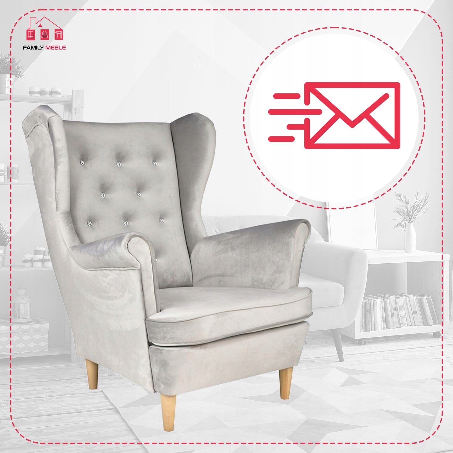 Fotel uszak Diana skandynawski Family Meble aksamit welwet kryształki