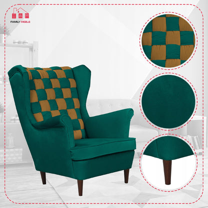 Fotel uszak Carol Duo skandynawski Family Meble zielono złoty, miodowy