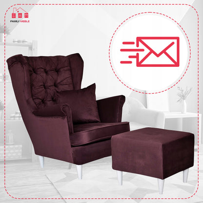 Fotel uszak Gaja z podnóżkiem skandynawski Family Meble burgund welur