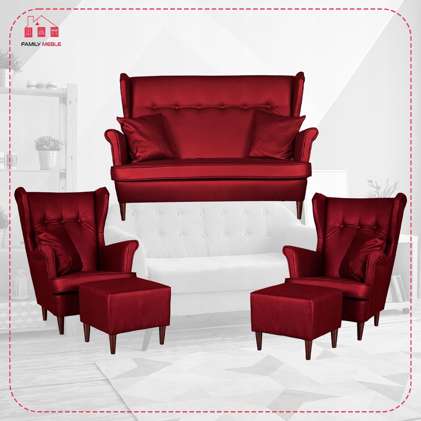 Zestaw wypoczynkowy mebli uszak Eko skóra sofa fotele pufy Family Meble komplet