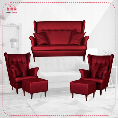 Zestaw wypoczynkowy mebli uszak Eko skóra sofa fotele pufy Family Meble komplet