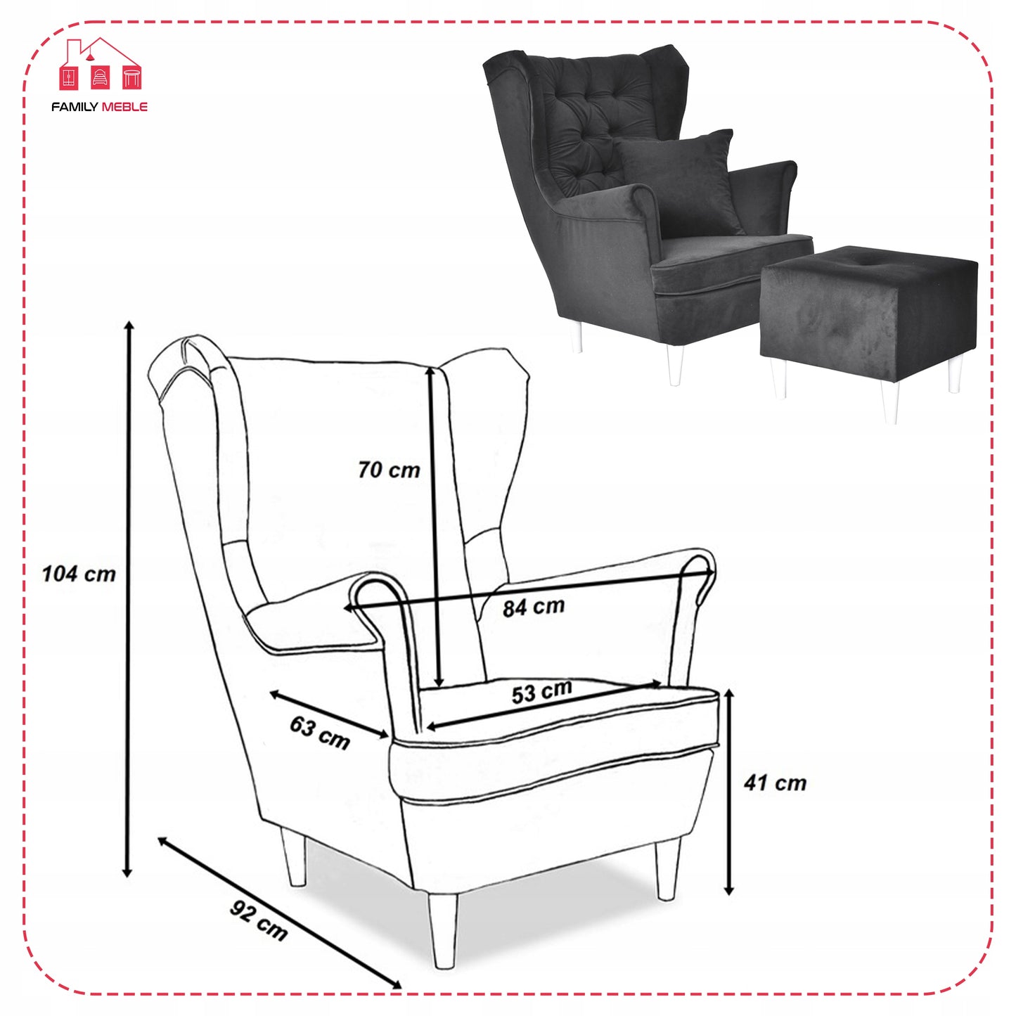 Fotel uszak Gaja podnóżkiem skandynawski Family Meble mysi szary siwy