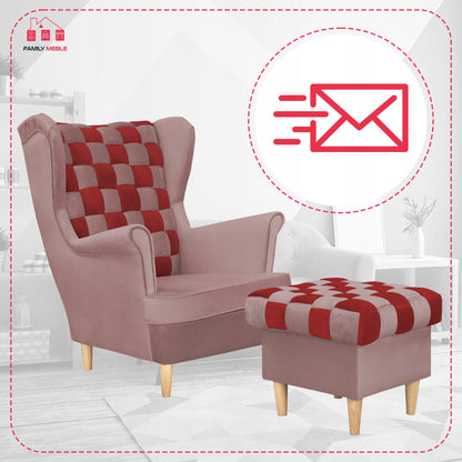 Fotel uszak Carol Duo z podnóżkiem skandynawski Family Mebl różowy czerwony