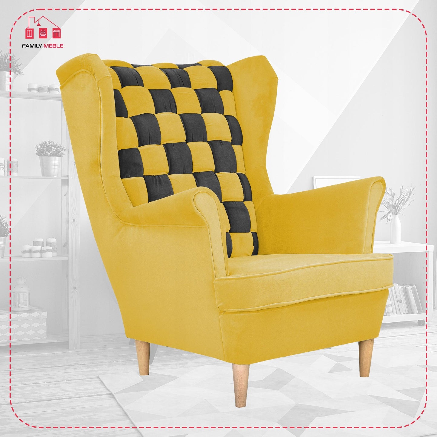 Fotel uszak Carol Duo skandynawski Family Meble żółto czarny paski