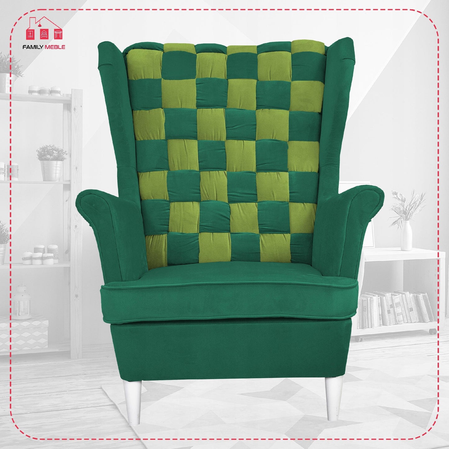 Fotel uszak Carol Duo z podnóżkiem skandynawski Family Meble zielony żółty