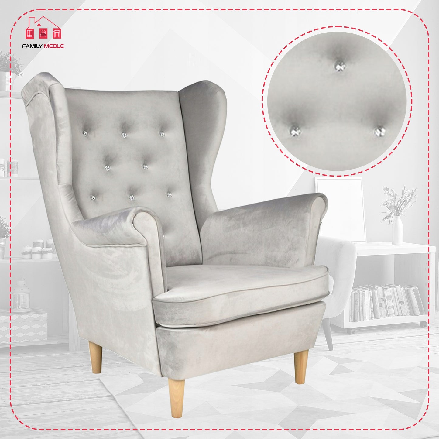 Fotel uszak Diana skandynawski Family Meble aksamit welwet kryształki