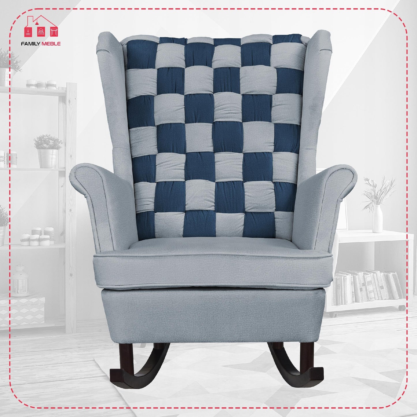 Fotel uszak bujany Carol Duo Family Meble szaro niebieska welur kratka moda