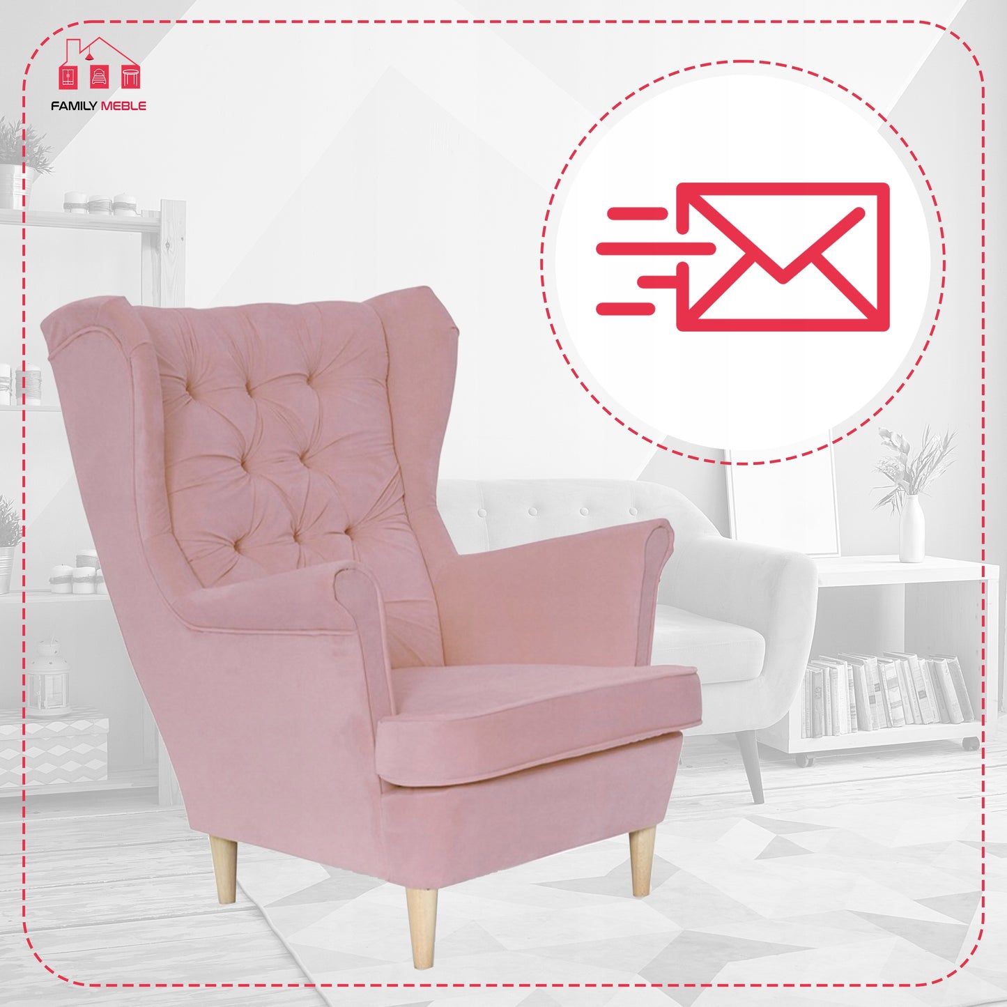 Fotel uszak Gaja skandynawski Family Meble pudrowy różowy jasny wygod