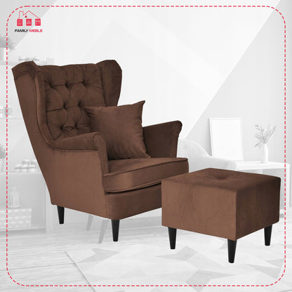 Fotel uszak Gaja z podnóżkiem skandynawski Family Meble brązu orzech