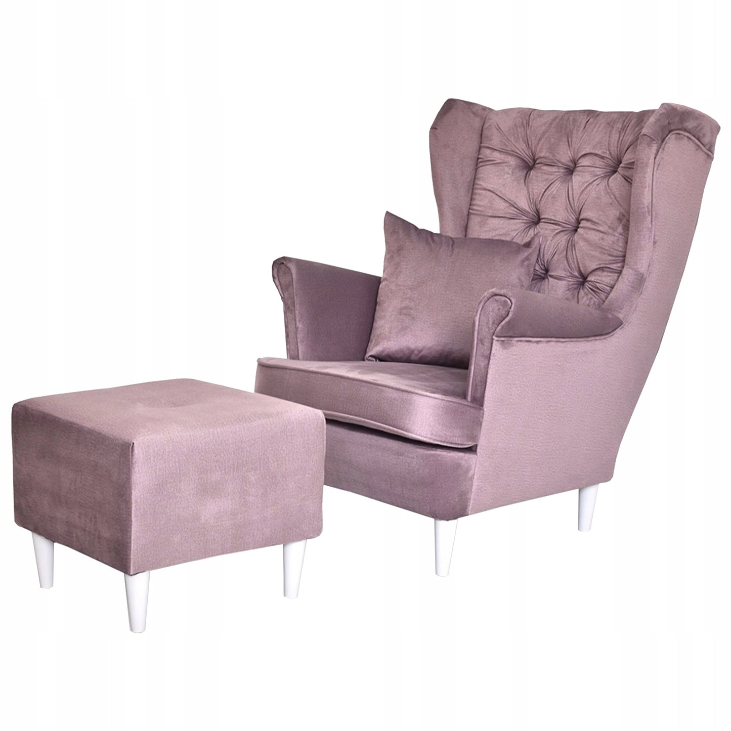 Fotel uszak Gaja z podnóżkiem skandynawski Family Meble liliowy salon