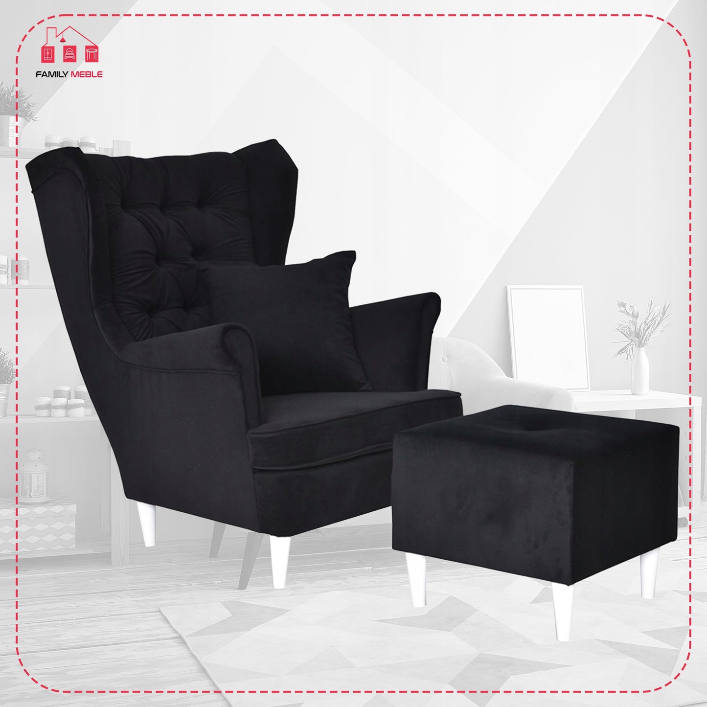 Fotel uszak Gaja z podnóżkiem skandynawski Family Meble czarny miękki