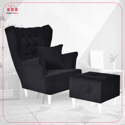 Fotel uszak Gaja z podnóżkiem skandynawski Family Meble czarny miękki