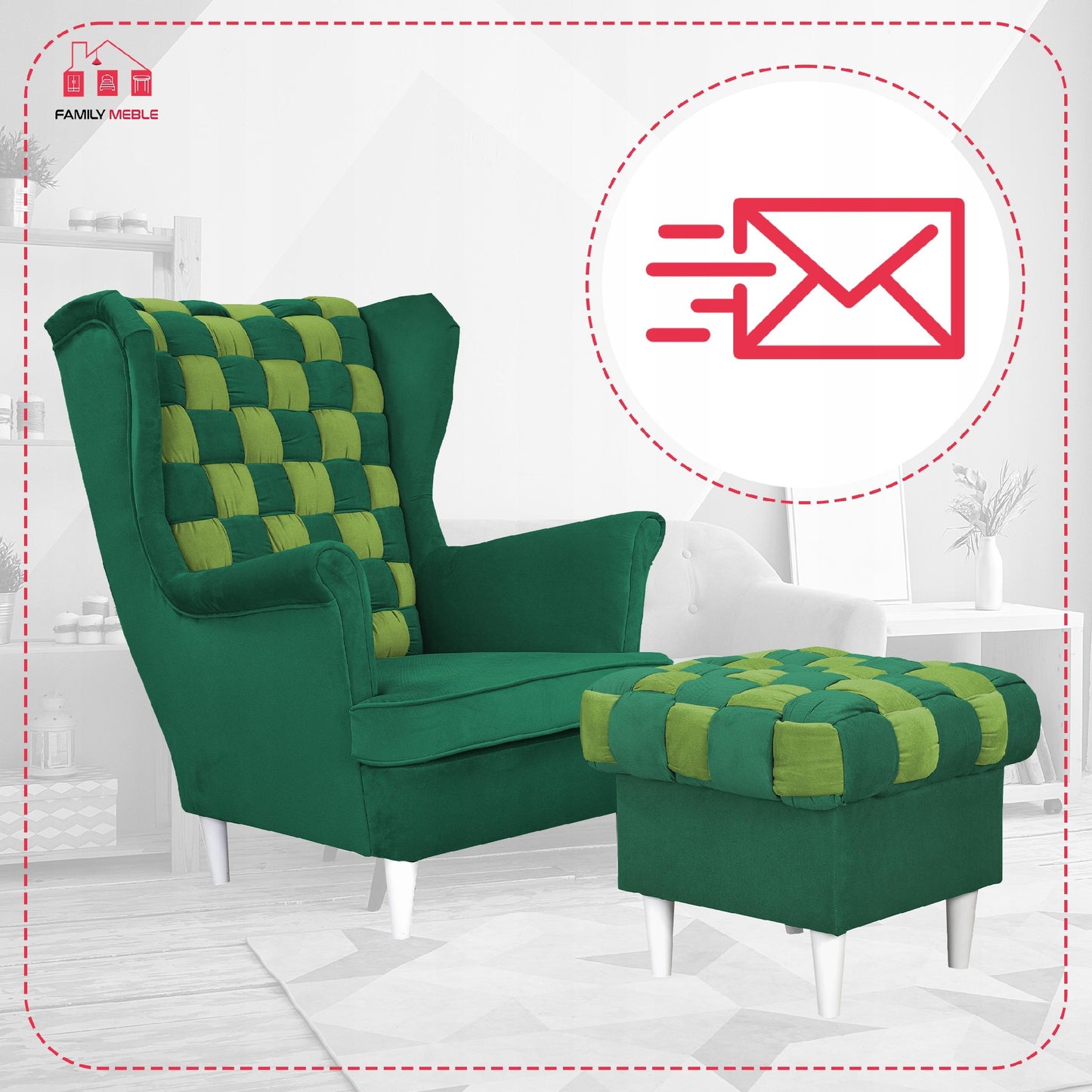 Fotel uszak Carol Duo z podnóżkiem skandynawski Family Meble zielony żółty