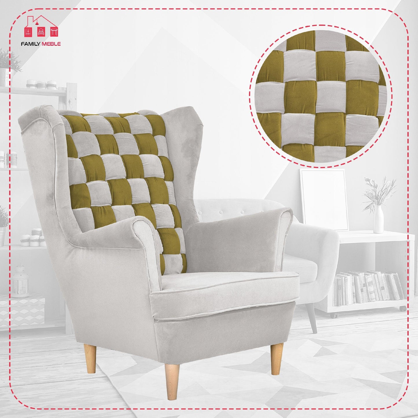 Fotel uszak Carol Duo skandynawski Family Meble siwo zielony paski