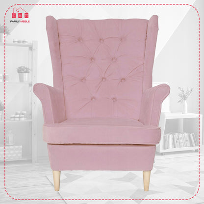 Fotel uszak Gaja z podnóżkiem skandynawski Family Meble z pufką różowy