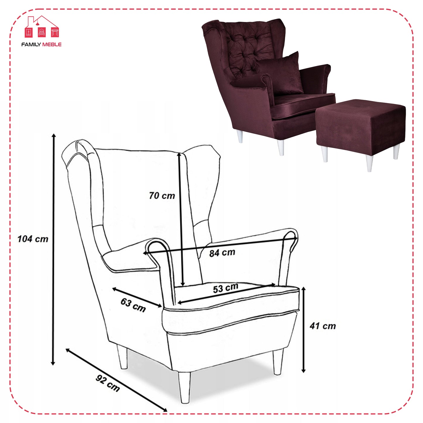 Fotel uszak Gaja z podnóżkiem skandynawski Family Meble burgund welur