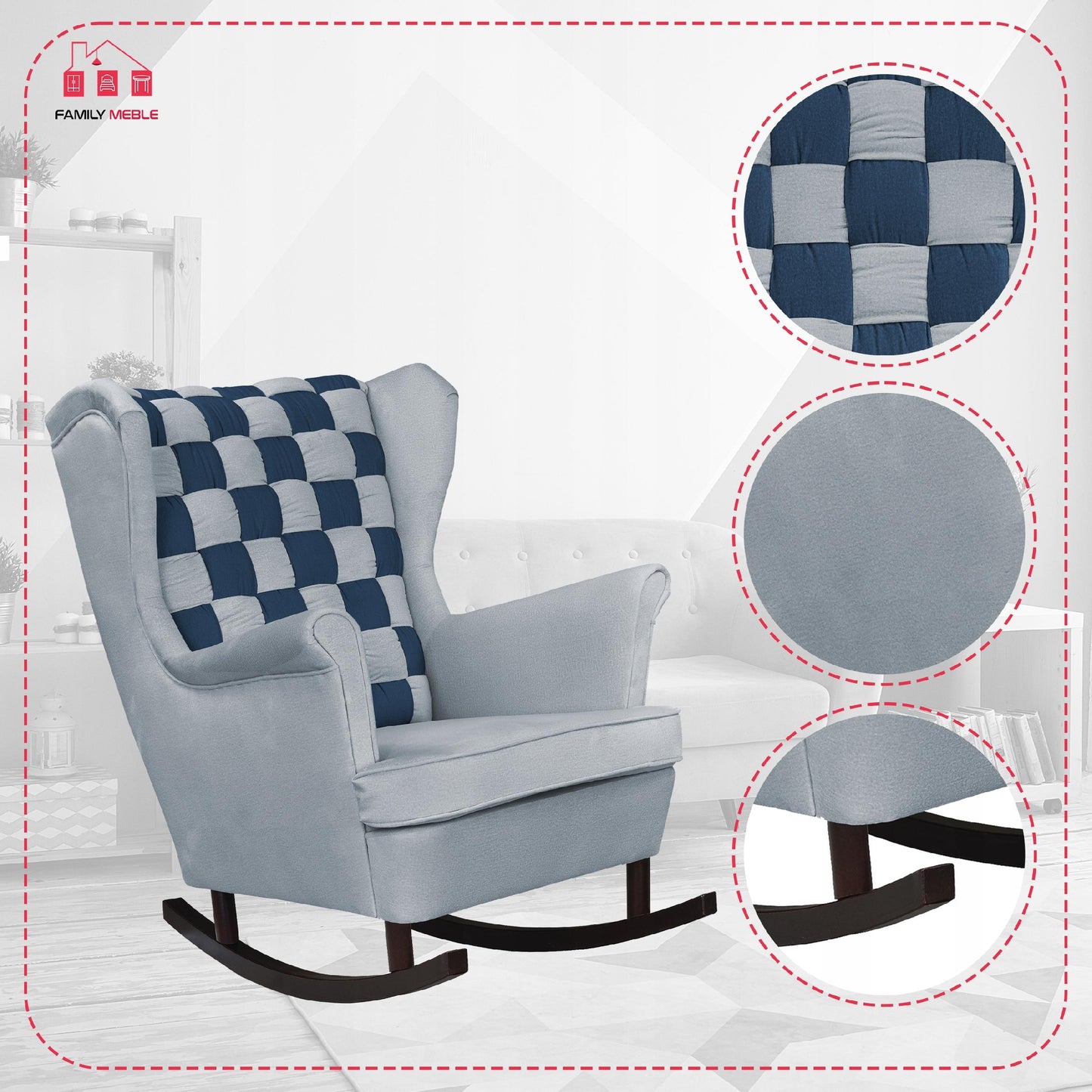Fotel uszak bujany Carol Duo Family Meble szaro niebieska welur kratka moda