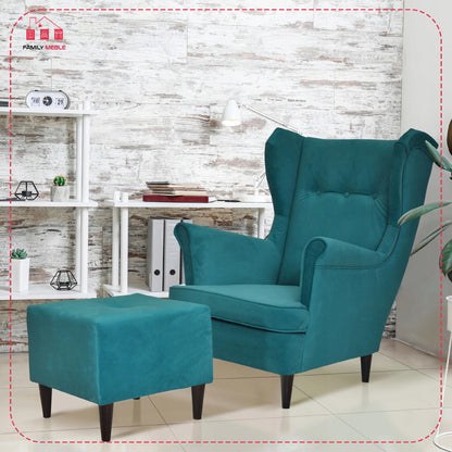 Fotel uszak ARI z podnóżkiem, skandynawski Family Meble ciemny turkus