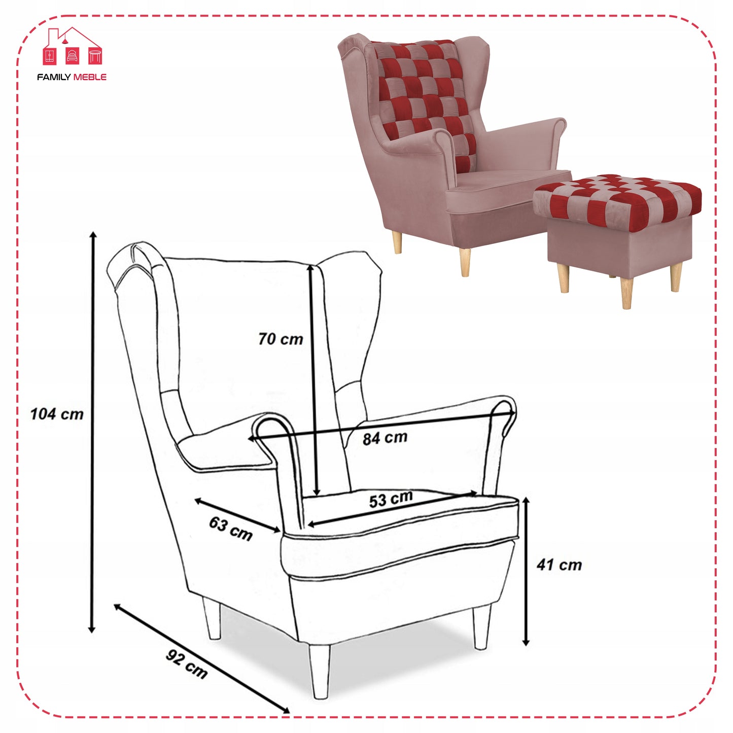 Fotel uszak Carol Duo z podnóżkiem skandynawski Family Mebl różowy czerwony