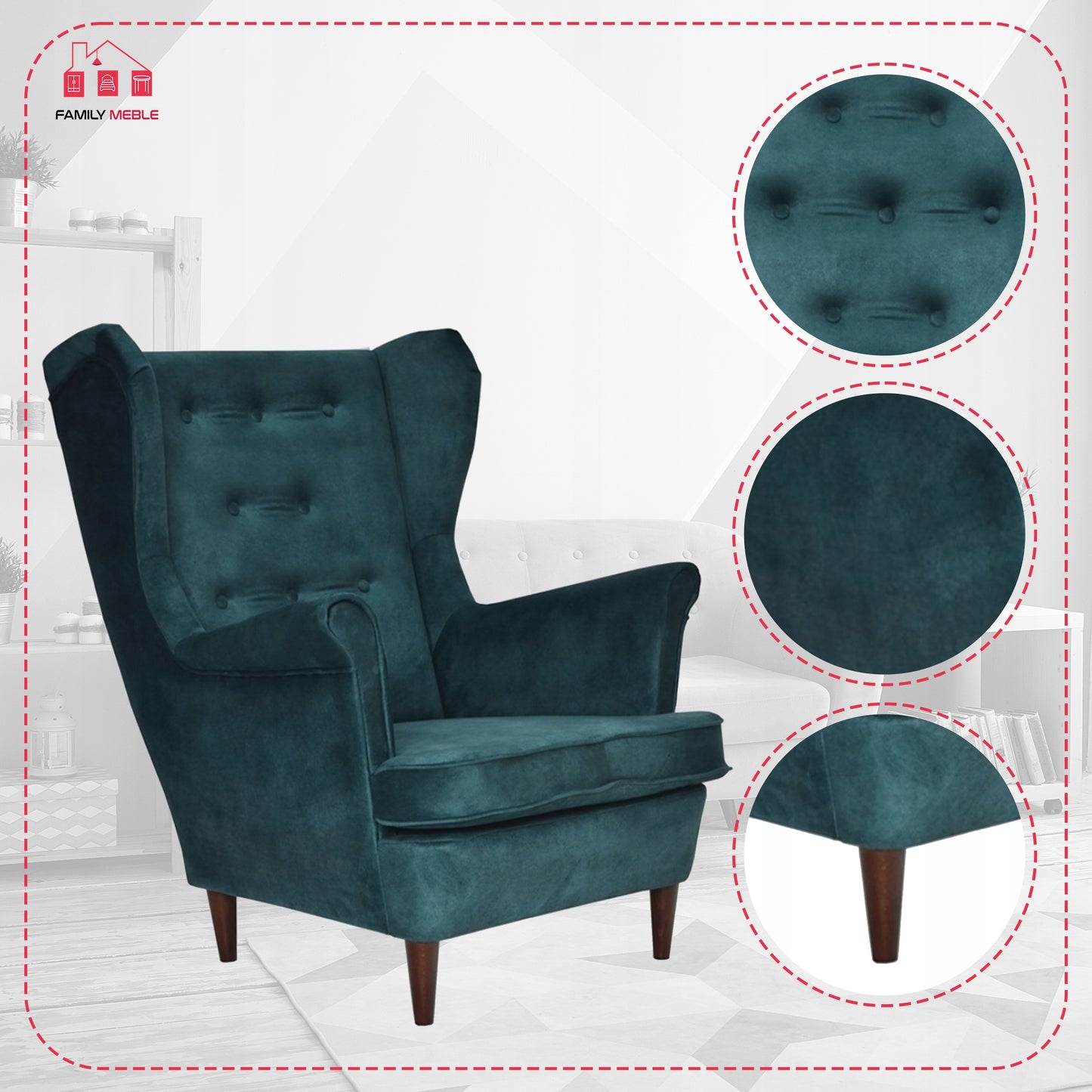 Fotel uszak Diana skandynawski Family Meble morski ciemnozielony wygodny