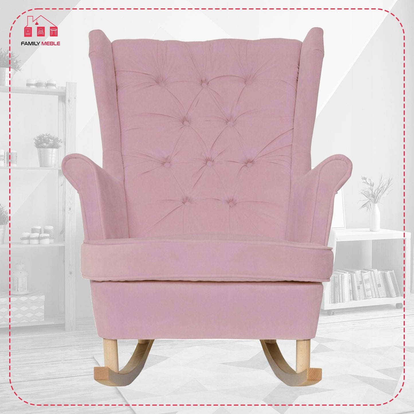 Fotel uszak Gaja bujany skandynawski Family Meble róż bujak na płozach