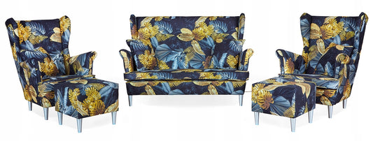 Zestaw wypoczynkowy mebli uszak Ari Print sofa fotele pufy Family Meble komplet