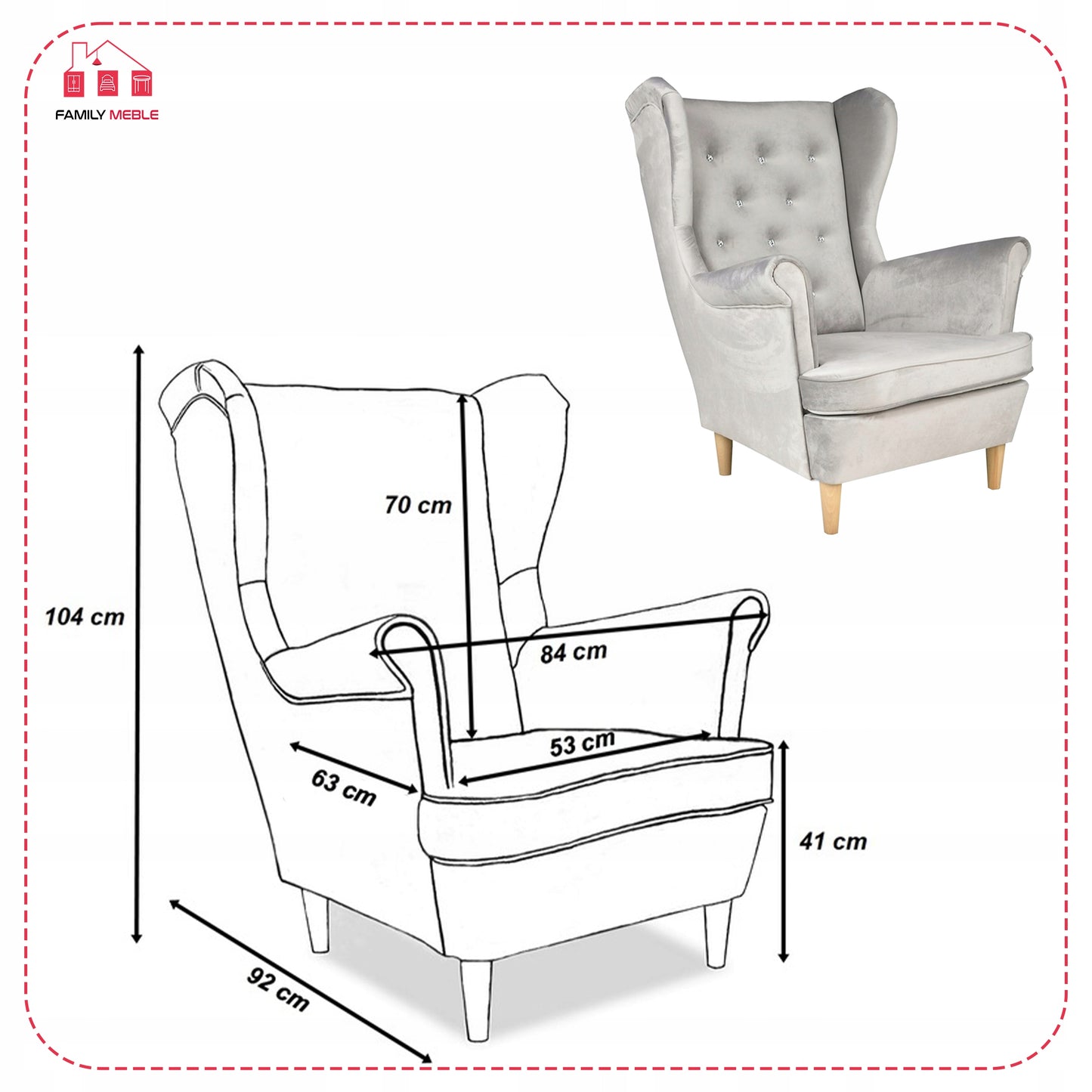 Fotel uszak Diana skandynawski Family Meble aksamit welwet kryształki