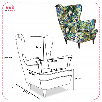 Fotel uszak ARI PRINT skandynawski Family Meble Monstera zielona liści