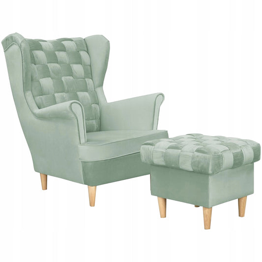 Fotel uszak Carol z podnóżkiem skandynawski Family Meble miętowy