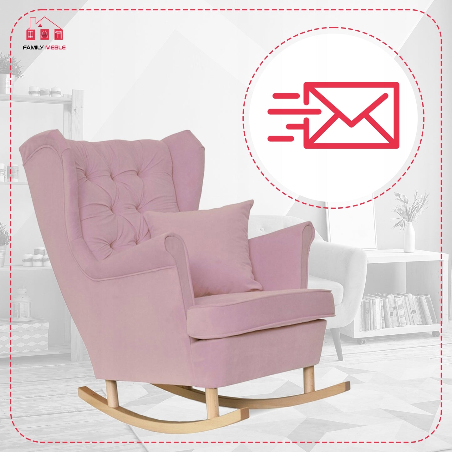 Fotel uszak Gaja bujany skandynawski Family Meble róż bujak na płozach