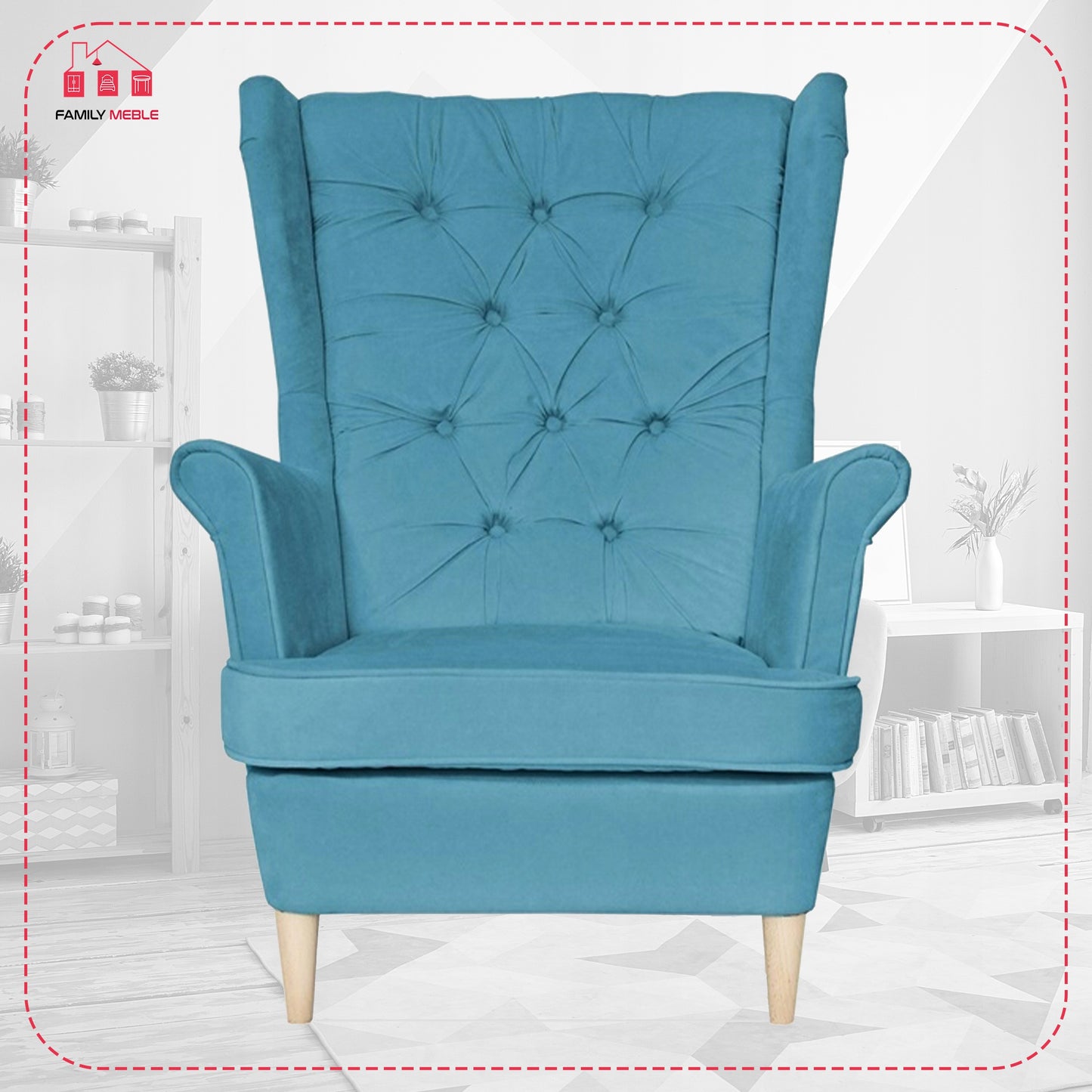 Fotel uszak Gaja z podnóżkiem skandynawski Family Mebl niebieski jasny