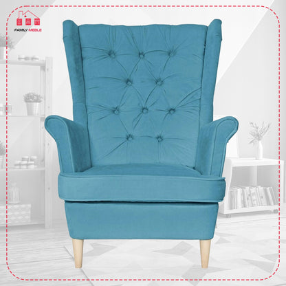 Fotel uszak Gaja z podnóżkiem skandynawski Family Mebl niebieski jasny