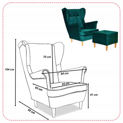 Fotel uszak ARI z podnóżkiem, skandynawski Family Meble ciemno zielony
