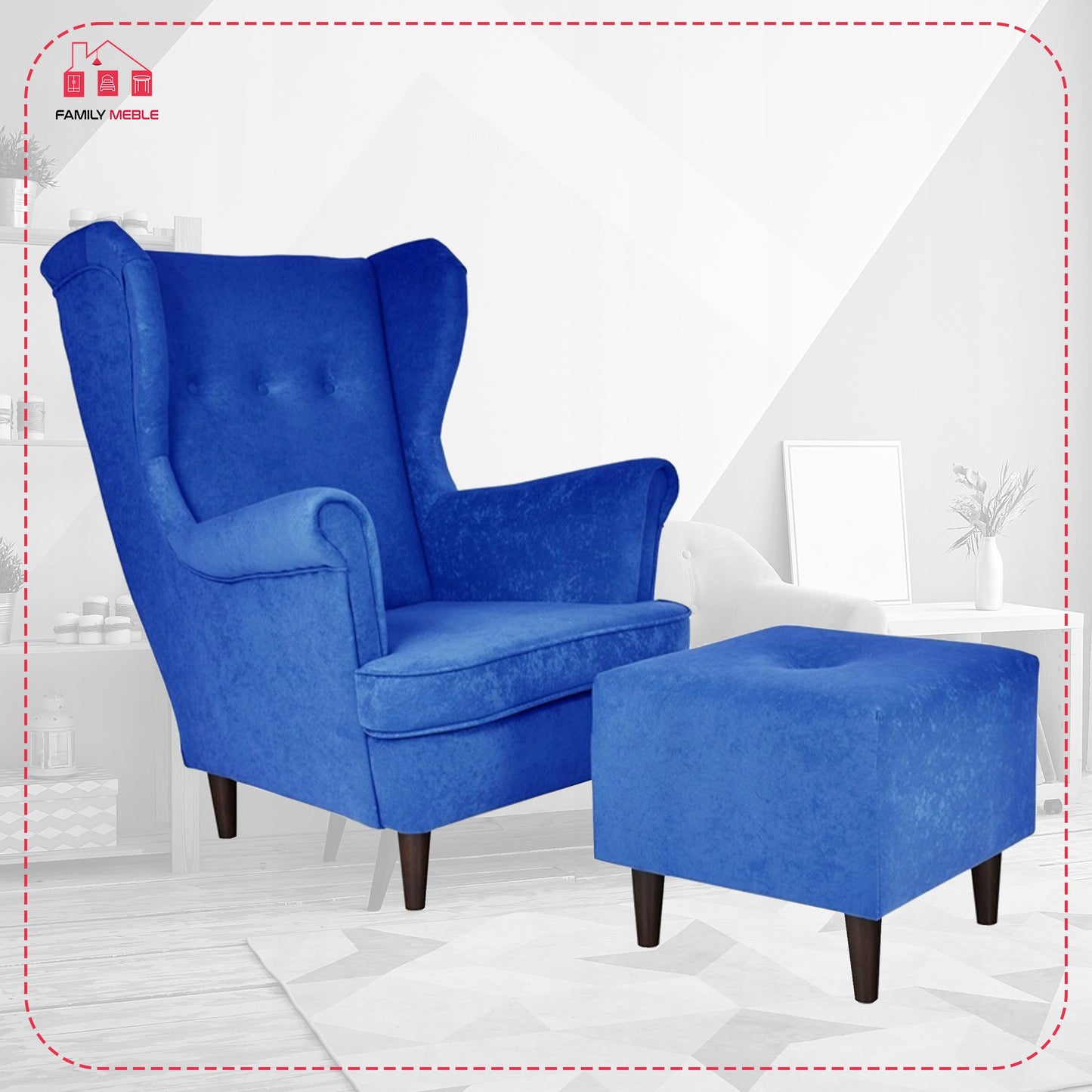 Fotel uszak ARI z podnóżkiem, welur niebieski do relaksu Family Meble