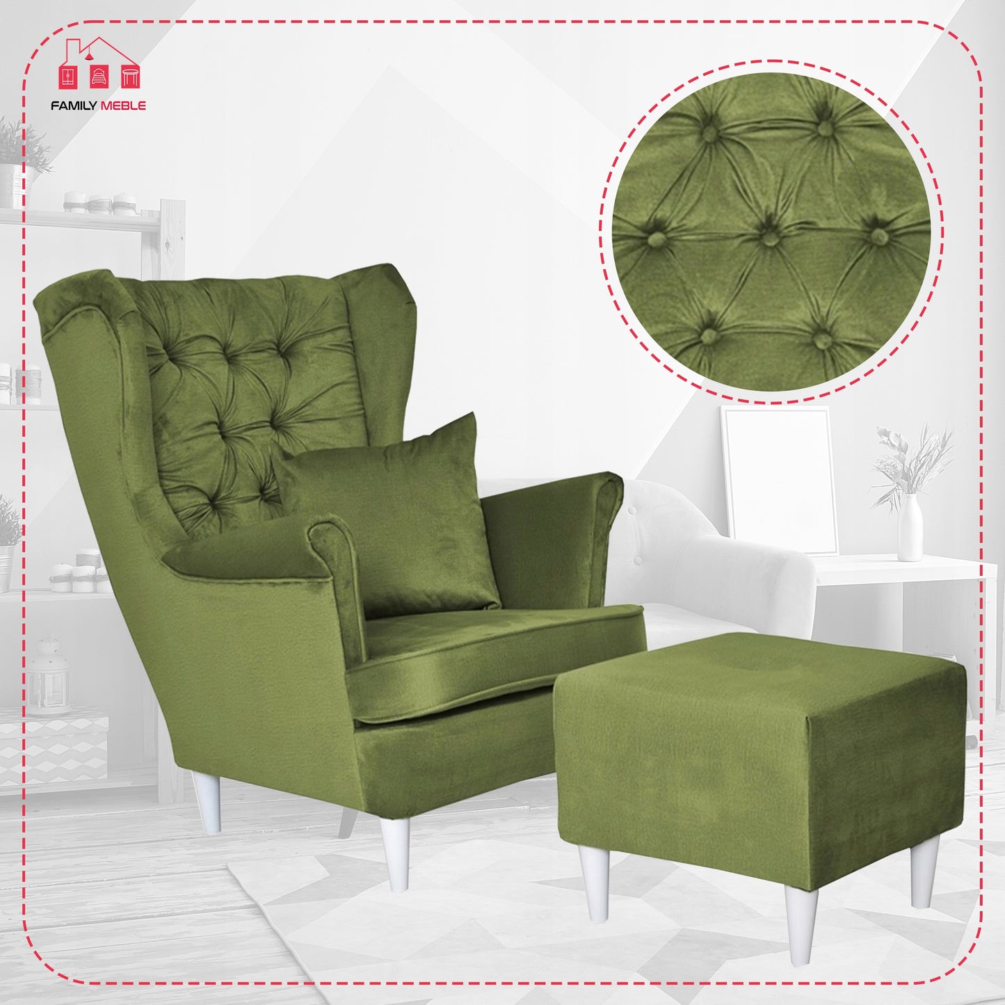 Fotel uszak Gaja z podnóżkiem skandynawski Family Meble oliwka jasna