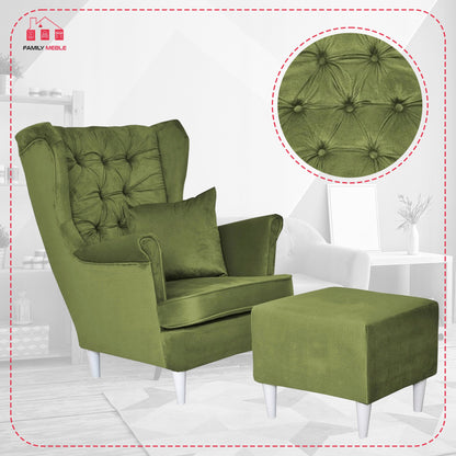 Fotel uszak Gaja z podnóżkiem skandynawski Family Meble oliwka jasna