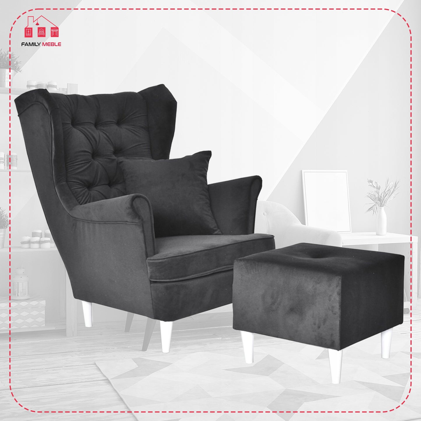 Fotel uszak Gaja podnóżkiem skandynawski Family Meble mysi szary siwy