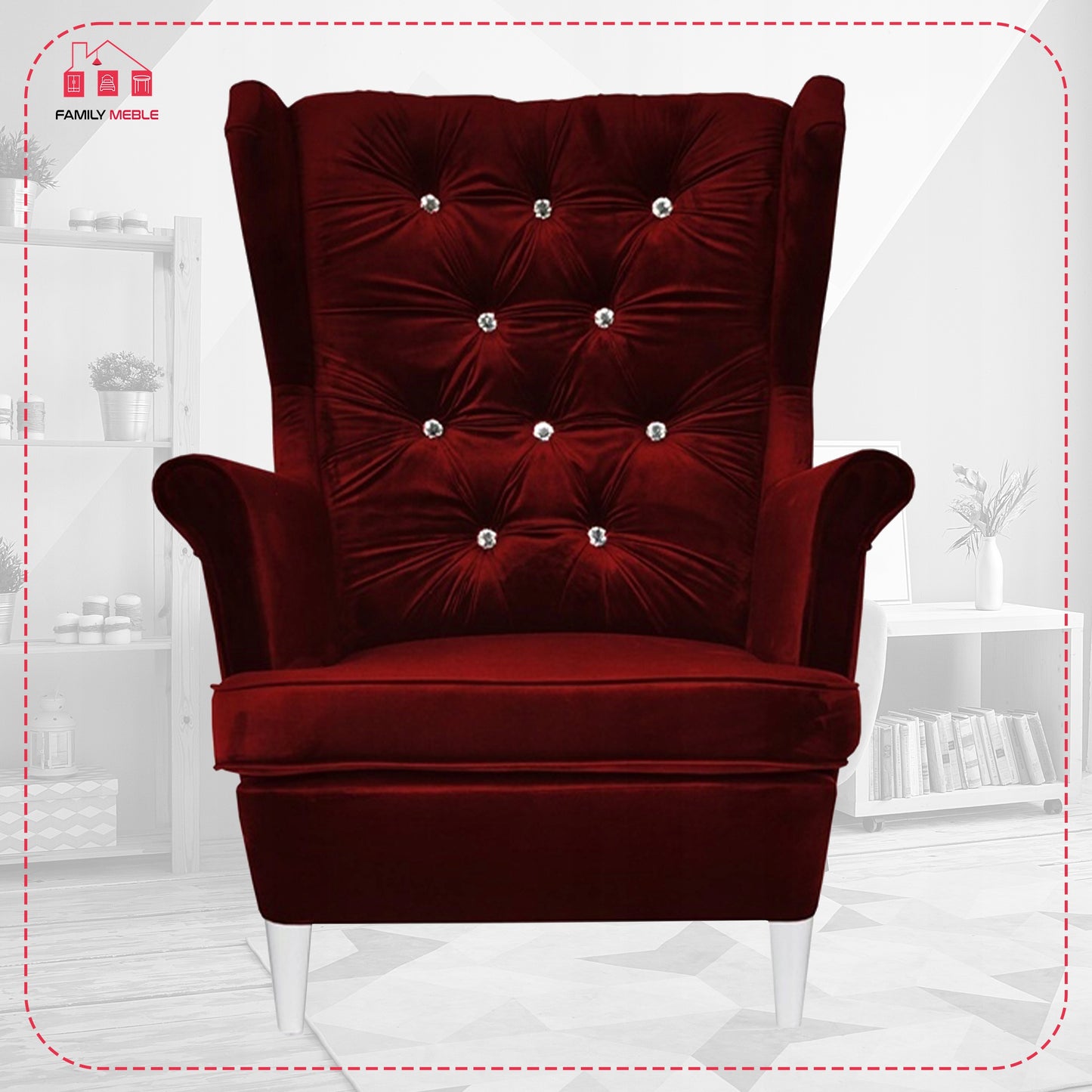 Fotel uszak Gaja podnóżkiem skandynawski Family Meble krwista czerwień