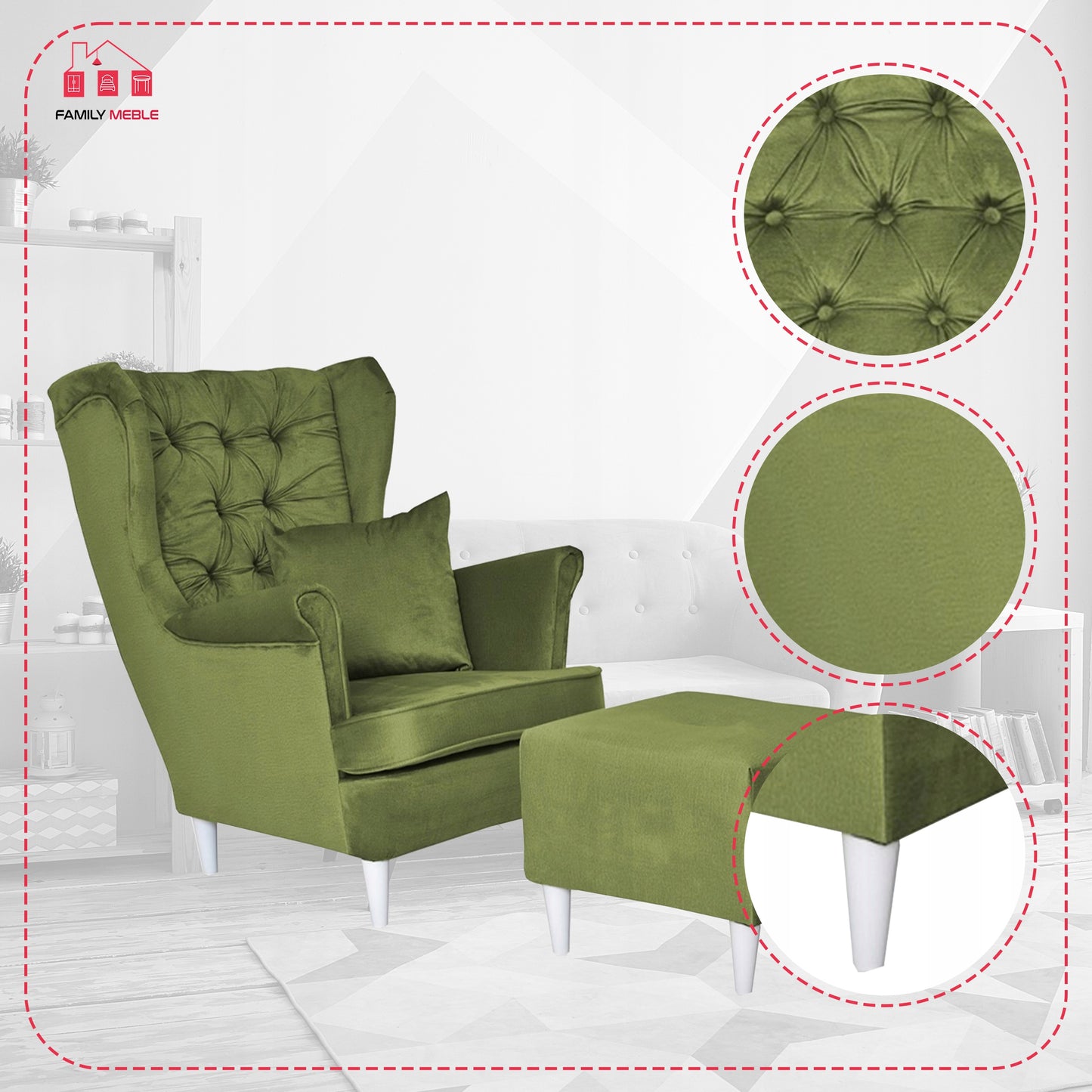 Fotel uszak Gaja z podnóżkiem skandynawski Family Meble oliwka jasna