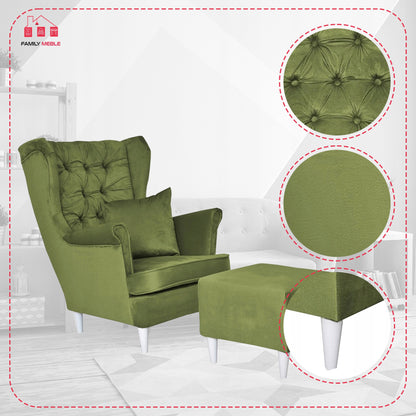 Fotel uszak Gaja z podnóżkiem skandynawski Family Meble oliwka jasna