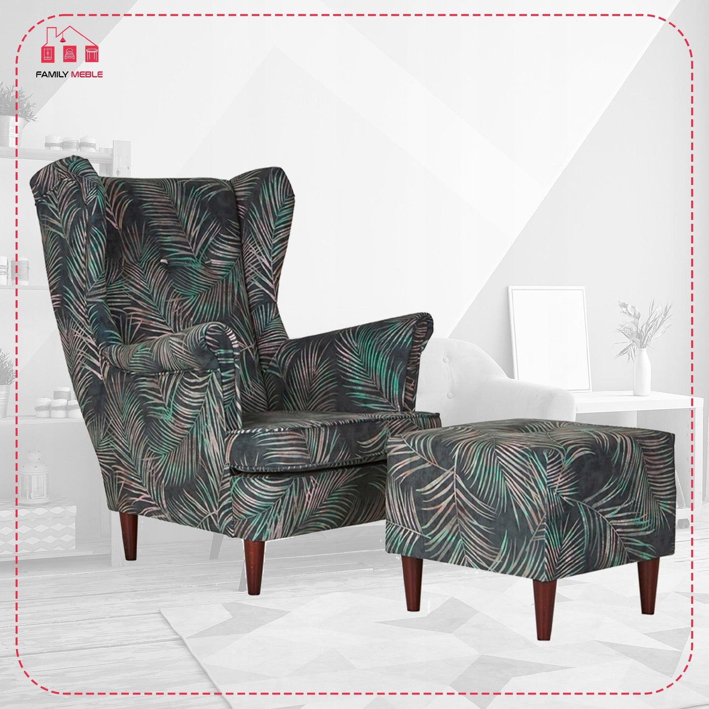 Fotel uszak ARI PRINT z podnóżkiem, skandynawski Family Meble liście