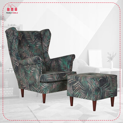 Fotel uszak ARI PRINT z podnóżkiem, skandynawski Family Meble liście