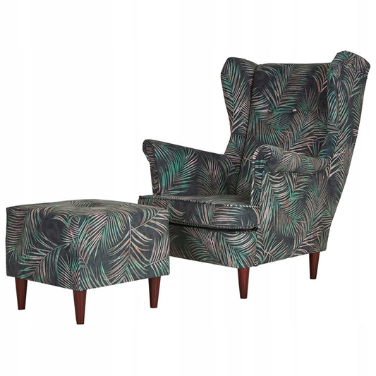 Fotel uszak ARI PRINT z podnóżkiem, skandynawski Family Meble liście