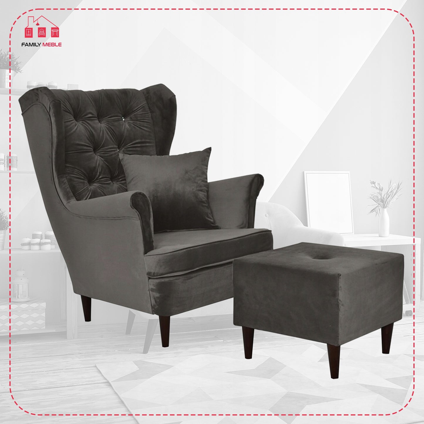 Fotel uszak Gaja z podnóżkiem skandynawski Family Meble brunatny szary