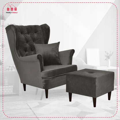 Fotel uszak Gaja z podnóżkiem skandynawski Family Meble brunatny szary