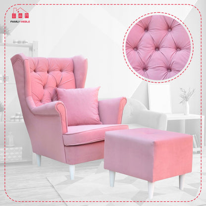 Fotel uszak Gaja z podnóżkiem skandynawski Family Meble pastelowy róż